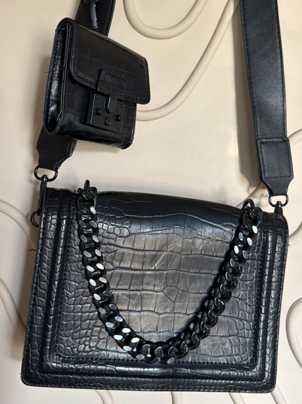 Aldo Black Croc-Embossed Crossbody Bag with Chain Accent